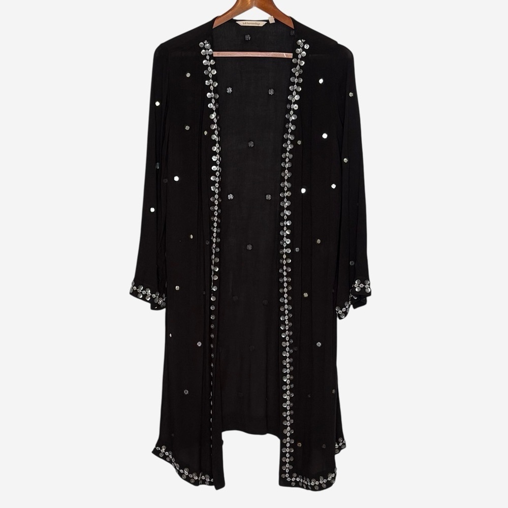 Soft Surroundings Embellished Duster Kimono M Black 3/4 Sleeve Split Cuff Open - Picture 6 of 13